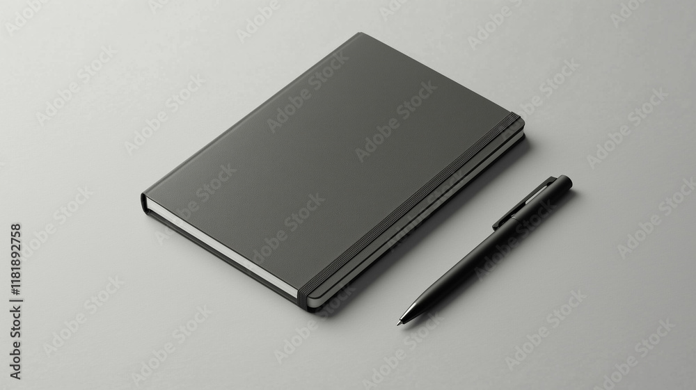 A blank notebook mockup lying flat on a light gray surface, accompanied by a sleek black pen diagonally placed, minimalist and professional A blank notebook mockup lying flat on a light gray surface, accompanied by a sleek black pen diagonally placed, minimalist and professional