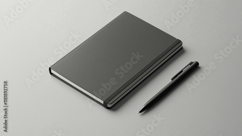 A blank notebook mockup lying flat on a light gray surface, accompanied by a sleek black pen diagonally placed, minimalist and professional