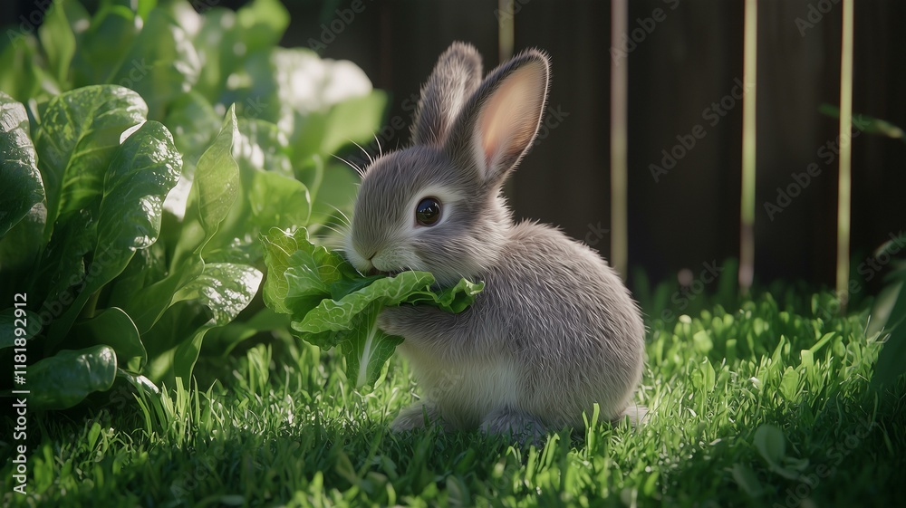 Fototapeta premium Photorealistic image of a rabbit munching on fresh lettuce in a backyard, with a soft and friendly expression 