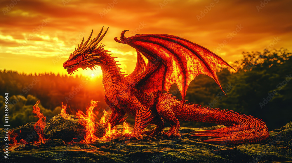 A majestic red dragon poses dramatically against a fiery sunset, surrounded by flames. This captivating image evokes feelings of adventure and magic in a mythical landscape A majestic red dragon poses dramatically against a fiery sunset, surrounded by flames. This captivating image evokes feelings of adventure and magic in a mythical landscape