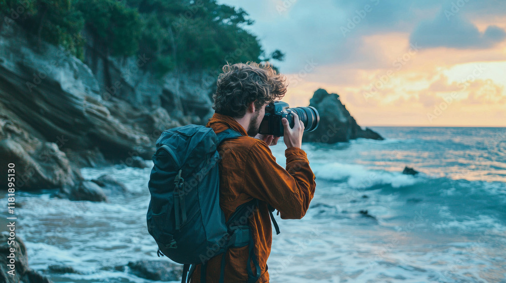 Obraz premium Backpacker Photographing Scenic Coastal View at Golden Sunrise