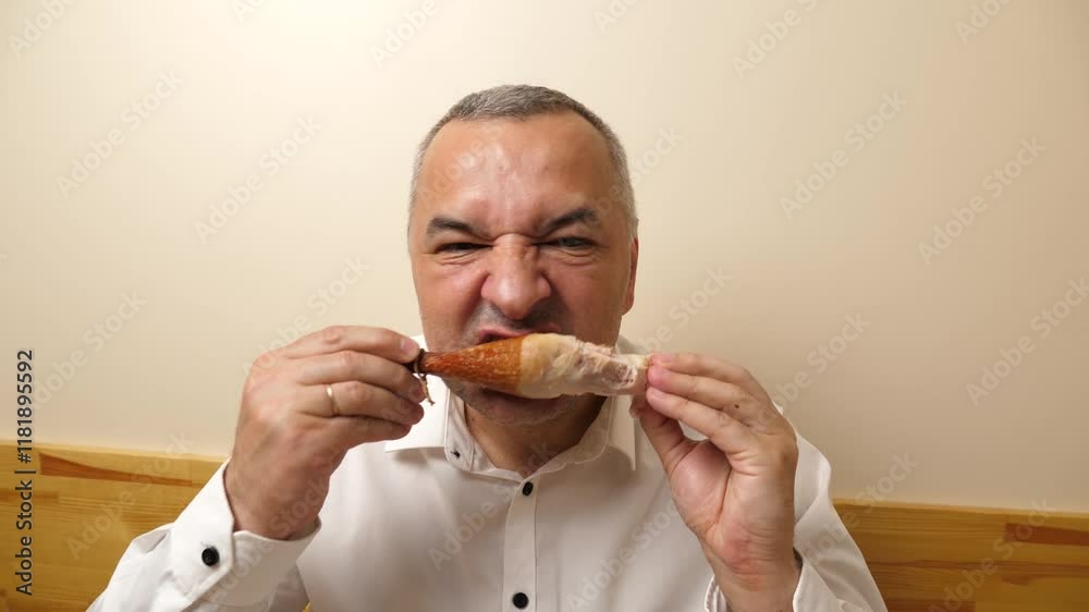 A man eats chicken with sauce while sitting at the table. A man eats chicken with sauce while sitting at the table.