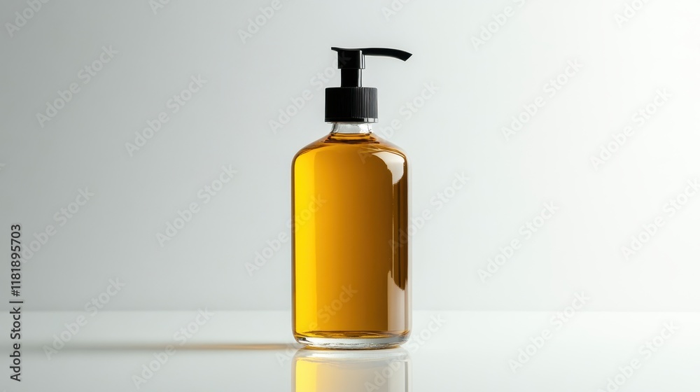Clear Bottle with Liquid Soap on a Reflective Surface Clear Bottle with Liquid Soap on a Reflective Surface
