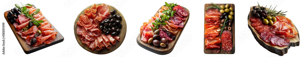 Obraz premium Assorted gourmet charcuterie platters with meats olives and herbs presentation