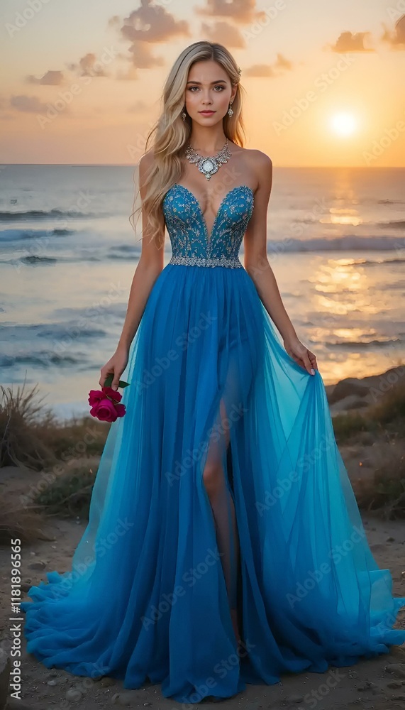 Woman in blue dress with red flowers representing elegant fashion against sunset background. Woman in blue dress with red flowers representing elegant fashion against sunset background.