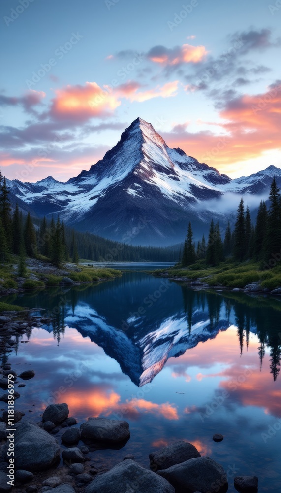 Fototapeta premium Tranquil Mountain Reflection at Sunset with Pink Clouds and Evergreen Trees