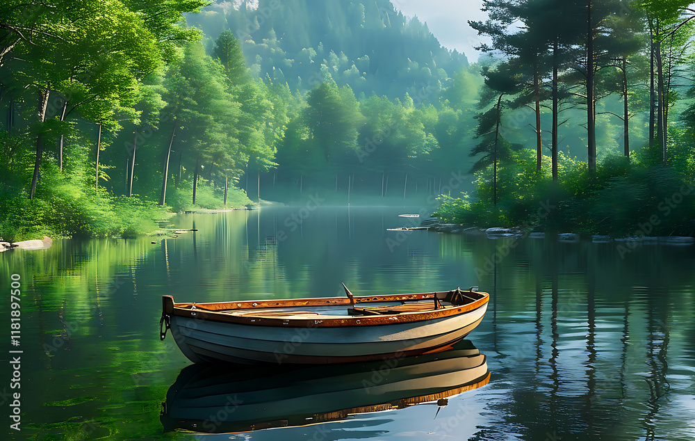 Close-Up of Serene Lake with a Boat Surrounded by Lush Forest Scenery Close-Up of Serene Lake with a Boat Surrounded by Lush Forest Scenery