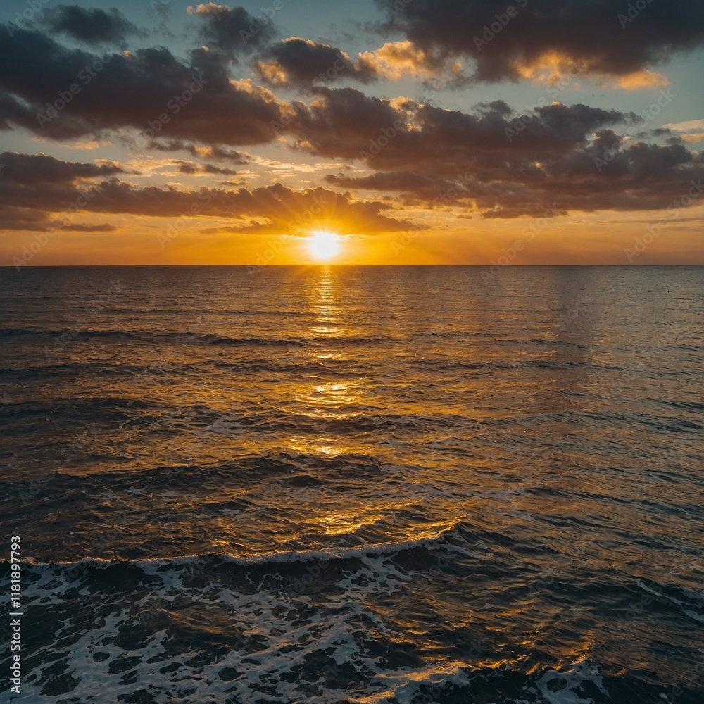 Obraz premium Sunset over the ocean with shimmering golden reflections.