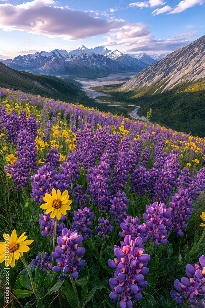 Obraz premium Vibrant wildflowers bloom in a valley beneath majestic mountains during golden hour