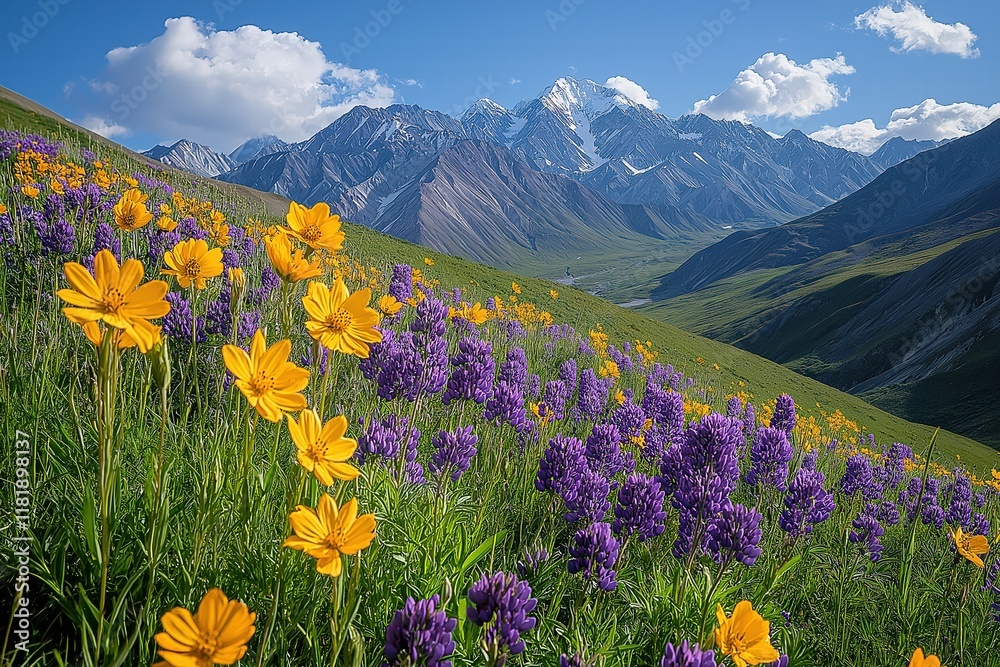 Fototapeta premium Vibrant wildflowers bloom in a stunning mountain landscape under a blue sky