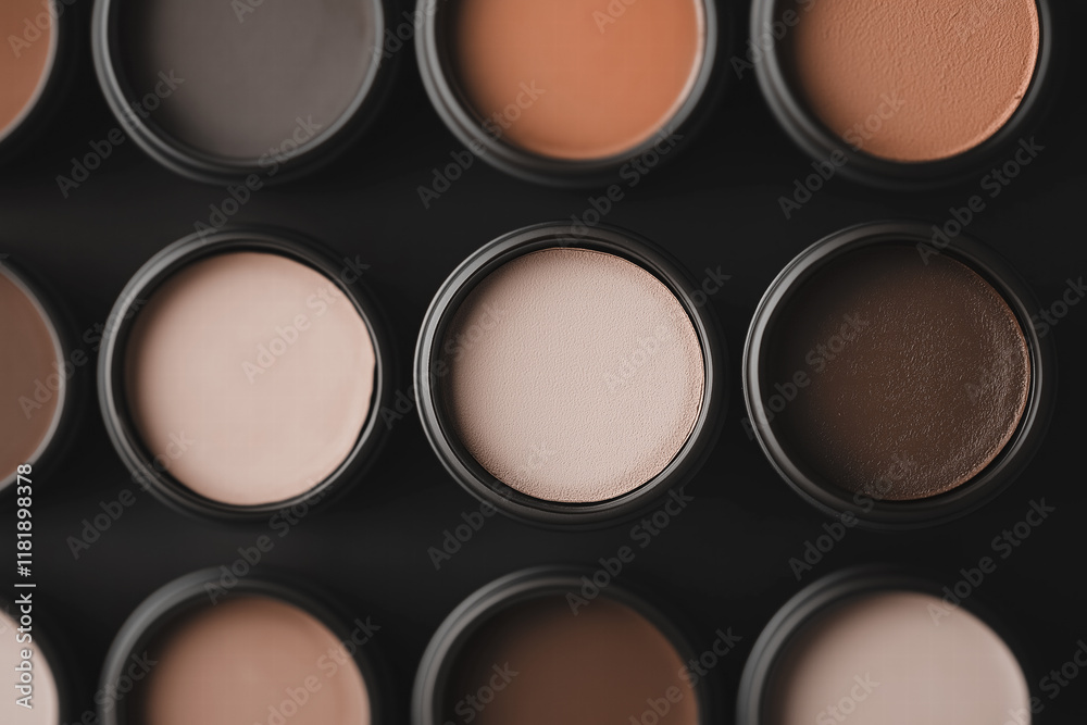 Mocha mousse, brown different shades of foundation cream in circular containers, top view, beauty products arrangement Mocha mousse, brown different shades of foundation cream in circular containers, top view, beauty products arrangement