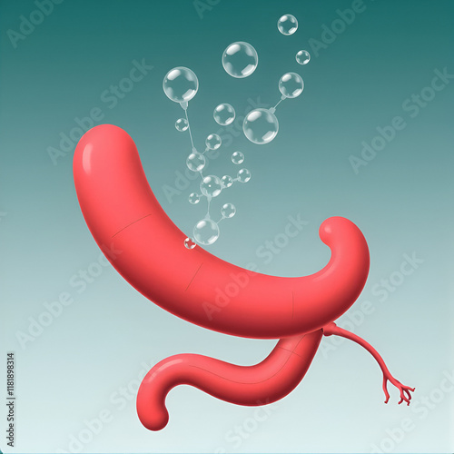 Illustration of the pancreas releasing enzymes into the digestive tract photo