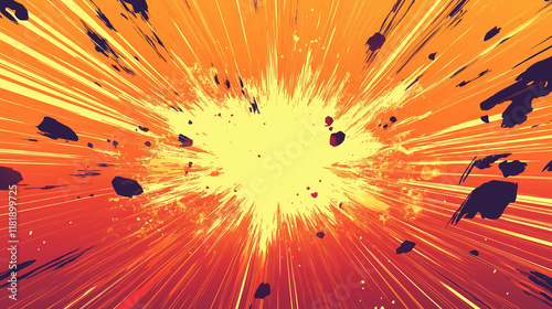 Manga-style speed lines for dynamic action, explosion frame with glowing light and fire, anime vector style