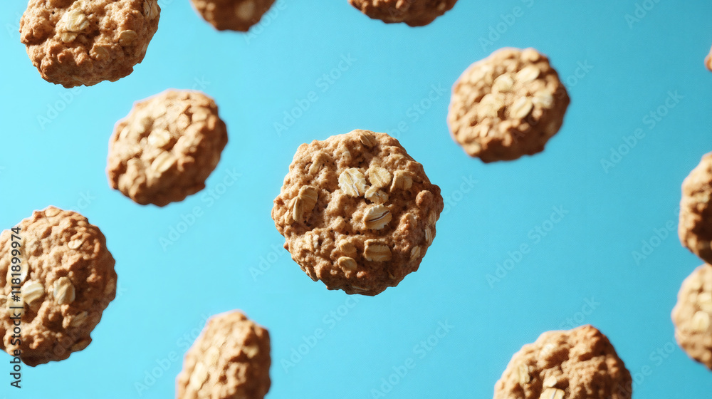 floating mid air oatmeal cookies on clean blue background for professional snack cookie photography commercial floating mid air oatmeal cookies on clean blue background for professional snack cookie photography commercial