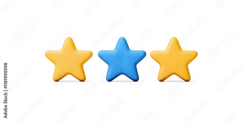 Three stars rating review 3d icon for apps and websites, isolated on white background