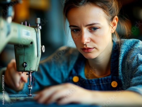 Focused Seamstress Using Vintage Sewing Machine in Cozy Crafting Space photo