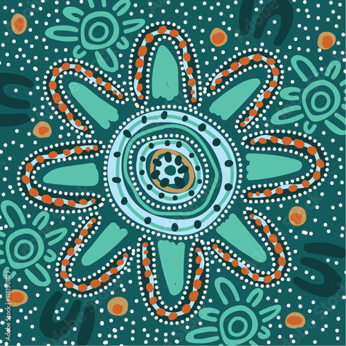 A vector-designed background, influenced by the aesthetics of Aboriginal dot-style art.