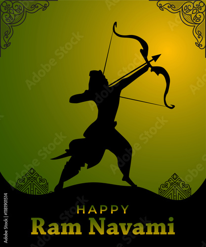 Shree Ram Navami celebration,with bow arrow and temple background for Indian festival.