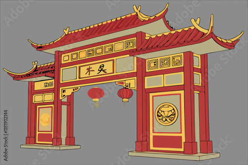 Chinese gate, ornate red and gold architecture, Lunar New Year decorations, traditional lanterns, intricate patterns, ox zodiac symbol, auspicious designs, festive entrance, grand archway, cultural ce