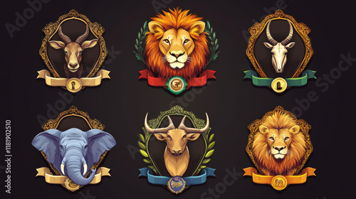 African safari hunt animals vector icons of lion, cheetah, antelope, crocodile, elephant, hippopotamus and rhino. Vector signs, badges and ribbon for savanna hunting sport photo