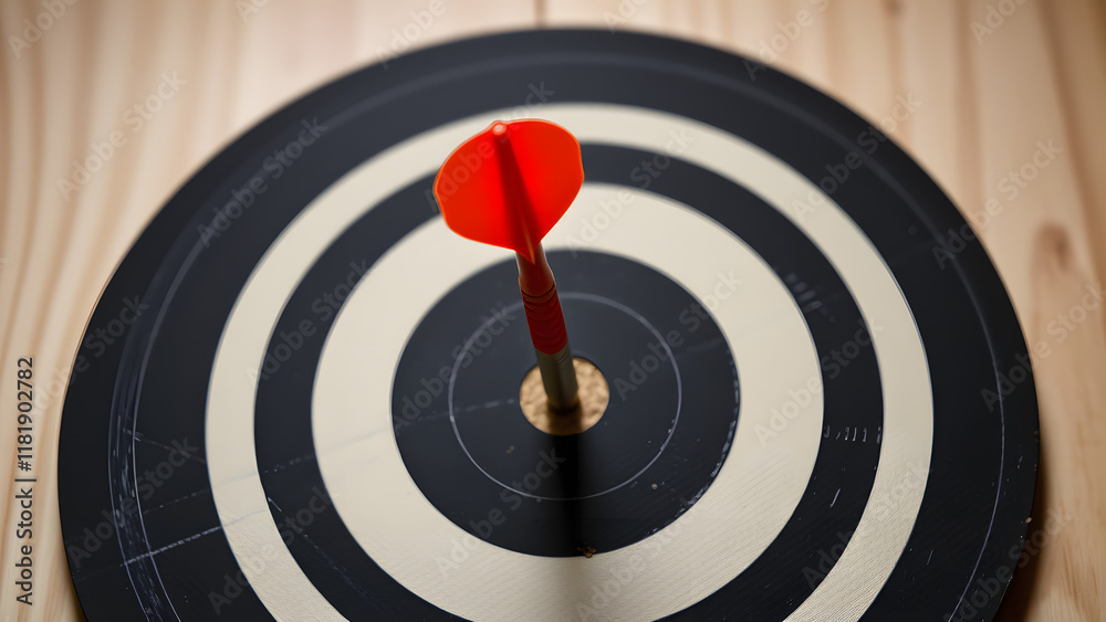 Red Dart Hitting Bullseye on Black and White Dartboard Red Dart Hitting Bullseye on Black and White Dartboard