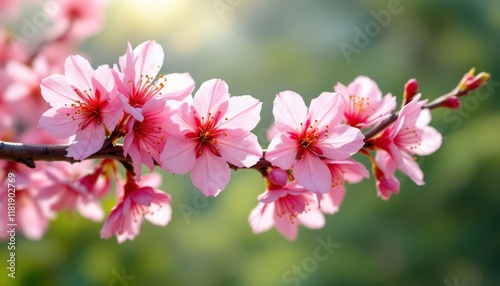 Gentle sunlight illuminates delicate pink cherry blossoms in full bloom on a tree branch