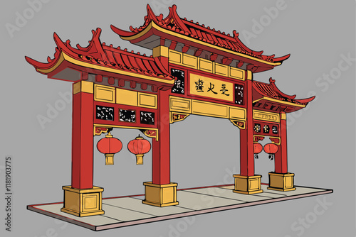 Chinese gate, ornate red and gold architecture, Lunar New Year decorations, traditional lanterns, intricate patterns, ox zodiac symbol, auspicious designs, festive entrance, grand archway, cultural ce