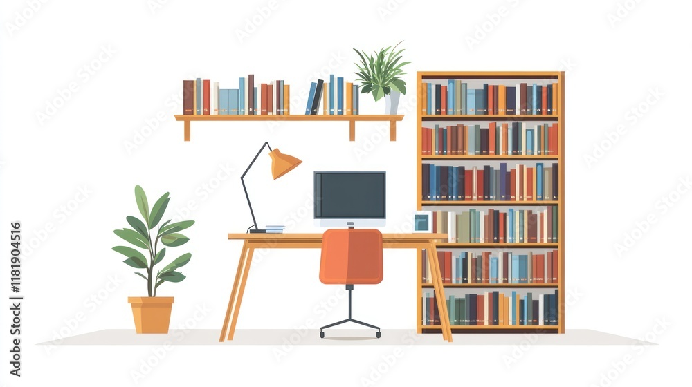 custom made wallpaper toronto digitalHome office workspace with desk, computer, bookshelves, and plants.