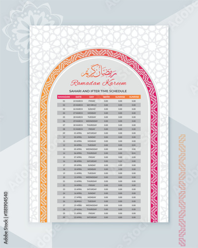 Ramadan kareem calendar 2025. Ramadan Kareem calendar Planner 2025. Iftar and Prayer timetable. 