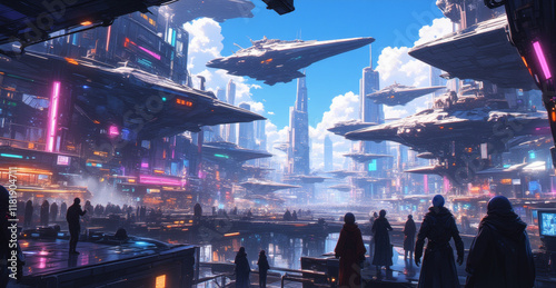 Anime sci-fi environment, a bustling spaceport with sleek spaceships taking off and landing, neon lights, futuristic architecture, diverse alien races photo