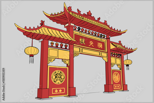 Chinese gate, ornate red and gold architecture, Lunar New Year decorations, traditional lanterns, intricate patterns, ox zodiac symbol, auspicious designs, festive entrance, grand archway, cultural ce
