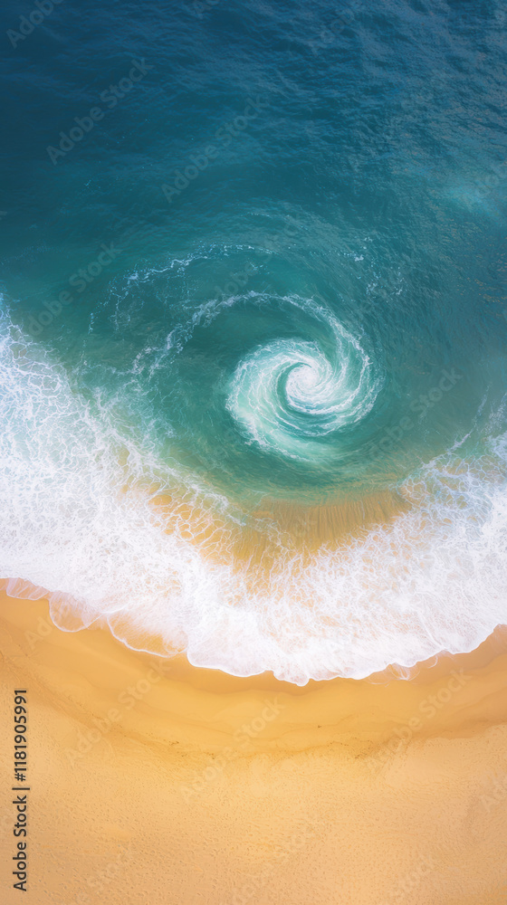 Naklejka premium Aerial view of swirling ocean wave meeting golden sandy beach, creating serene coastal scene