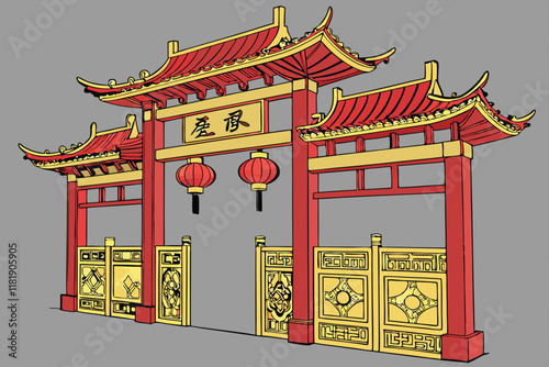 Chinese gate, ornate red and gold architecture, Lunar New Year decorations, traditional lanterns, intricate patterns, ox zodiac symbol, auspicious designs, festive entrance, grand archway, cultural ce