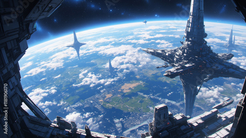 Anime sci-fi environment, a space station orbiting a planet with a breathtaking view of the planet's surface, cosmic perspective. photo