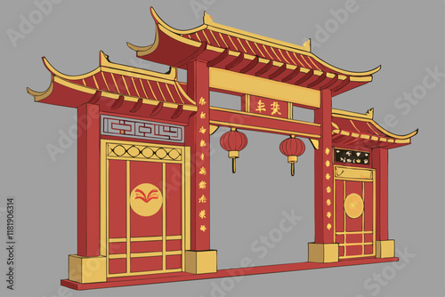 Chinese gate, ornate red and gold architecture, Lunar New Year decorations, traditional lanterns, intricate patterns, ox zodiac symbol, auspicious designs, festive entrance, grand archway, cultural ce
