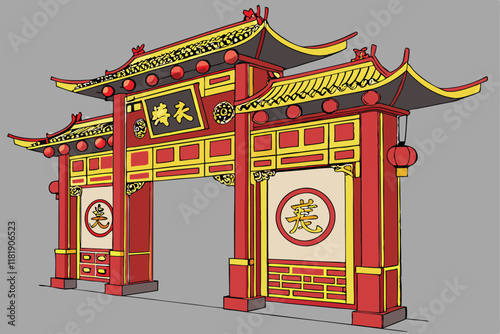 Chinese gate, ornate red and gold architecture, Lunar New Year decorations, traditional lanterns, intricate patterns, ox zodiac symbol, auspicious designs, festive entrance, grand archway, cultural ce