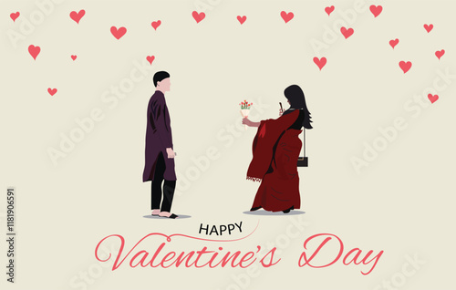 A girl giving a flower bouquet to his boyfriend and taking a picture in a Valentines day. Asian young lovely couple vector illustration.