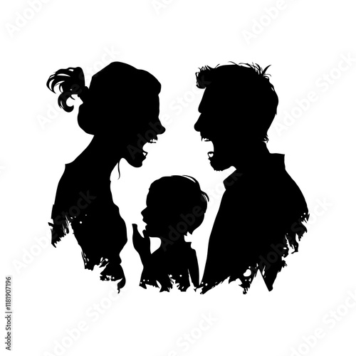 Silhouette of a shouting couple arguing with a child in between them on a white background. Concept of family conflict and emotional distress