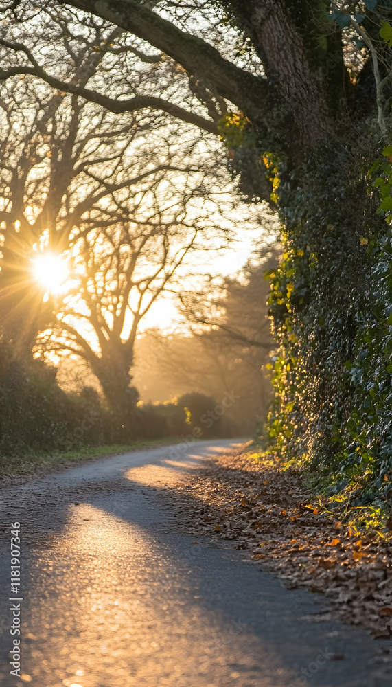 Sunlit autumnal country lane winding through trees, golden hour light.