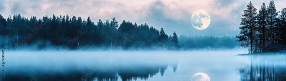 Fototapeta premium A tranquil scene of a misty lake surrounded by pine trees, reflecting a large moon in a serene twilight atmosphere.