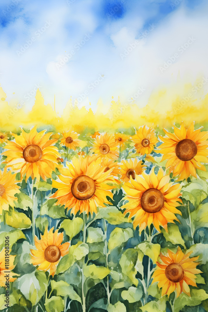 Obraz premium watercolor painting sunflowers in the field