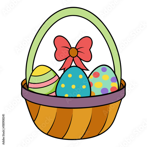  A colorful Easter basket filled with pastel eggs,  springtime celebrations in a delightful cartoon style. Vector illustration