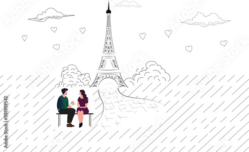 A lovely young couple sitting in front of Eifle Tower , looking at each other with holding a flower bouquet. Vector illustration of a Diverse Couple. photo