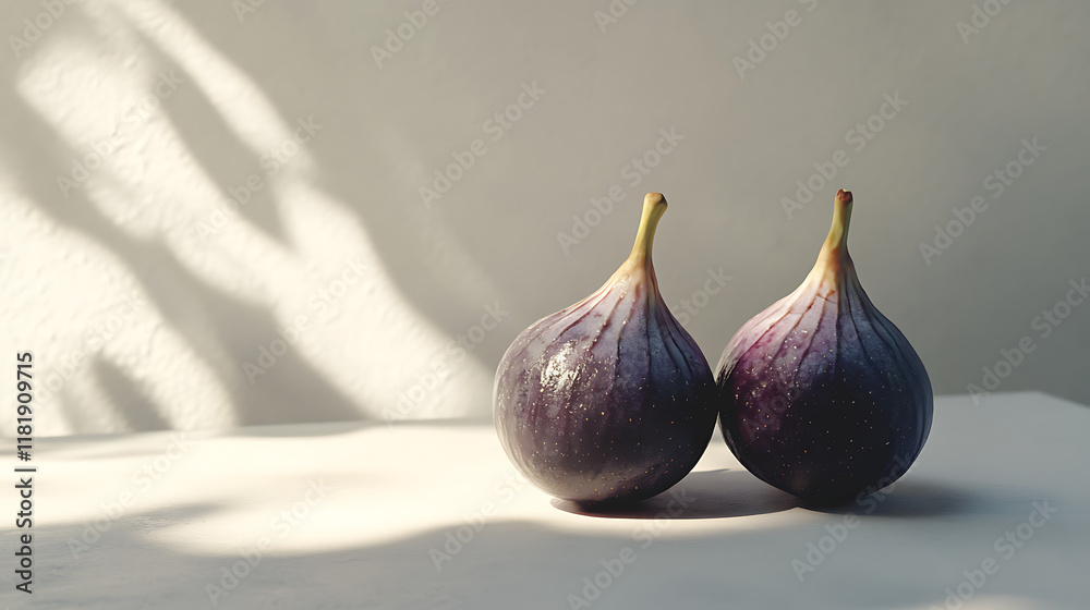 Fototapeta premium Two ripe figs placed on a surface, illuminated by soft light and casting gentle shadows.