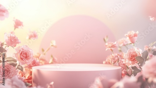 Soft Pastel Dream: A delicate pink podium surrounded by blooming roses, bathed in warm, ethereal light. Perfect for showcasing your products in a romantic and whimsical setting. 