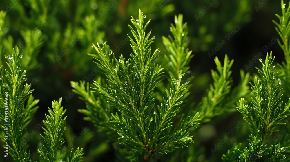 Close-up of Dew-kissed Evergreen Branches. Lush Green Foliage in Nature's Embrace. Stunning Details of Fresh Plants. Close-up of Dew-kissed Evergreen Branches. Lush Green Foliage in Nature's Embrace. Stunning Details of Fresh Plants.