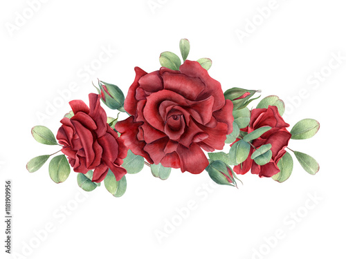 Red rose flowers and eucalyptus branch watercolor illustration. Three garden flower heads, buds among green exotic leaves. For birthday greeting cards, invitation design, wedding concept, memorial day