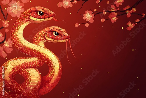 vector wallpaper background, Spring Festival theme, cartoon, cartoon snake, with red as the main color, light color, Spring Festival, Lunar New Year