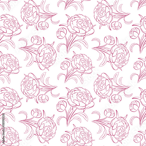 Wallpaper Mural Pink peony seamless pattern in line art style. Design for web, wrapping paper, invitation, textile, fabric, postcard. Illustration on a white background. Torontodigital.ca
