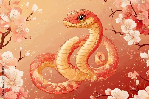 vector wallpaper background, Spring Festival theme, cartoon, cartoon snake, with red as the main color, light color, Spring Festival, Lunar New Year